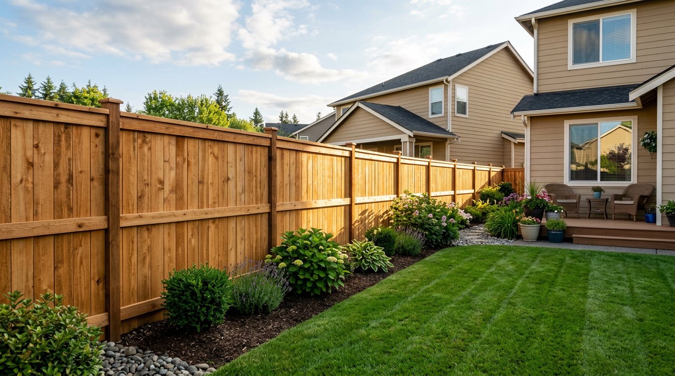 A new cedar privacy fence in a suburban backyard