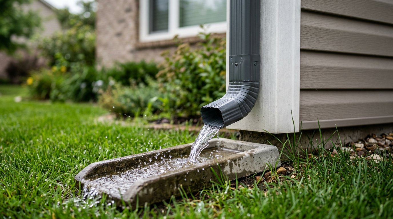 Clean downspout draining to a splash block