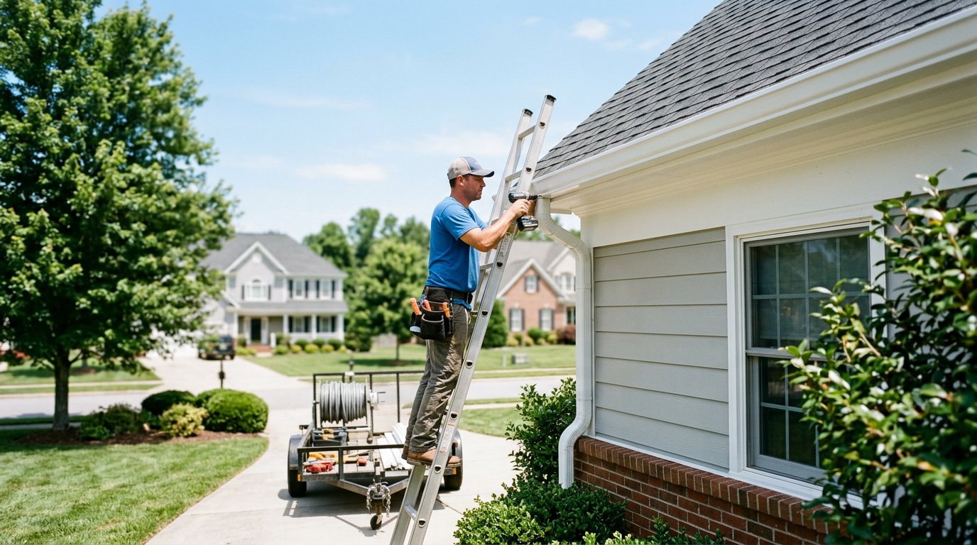 A contractor installing new seamless gutters