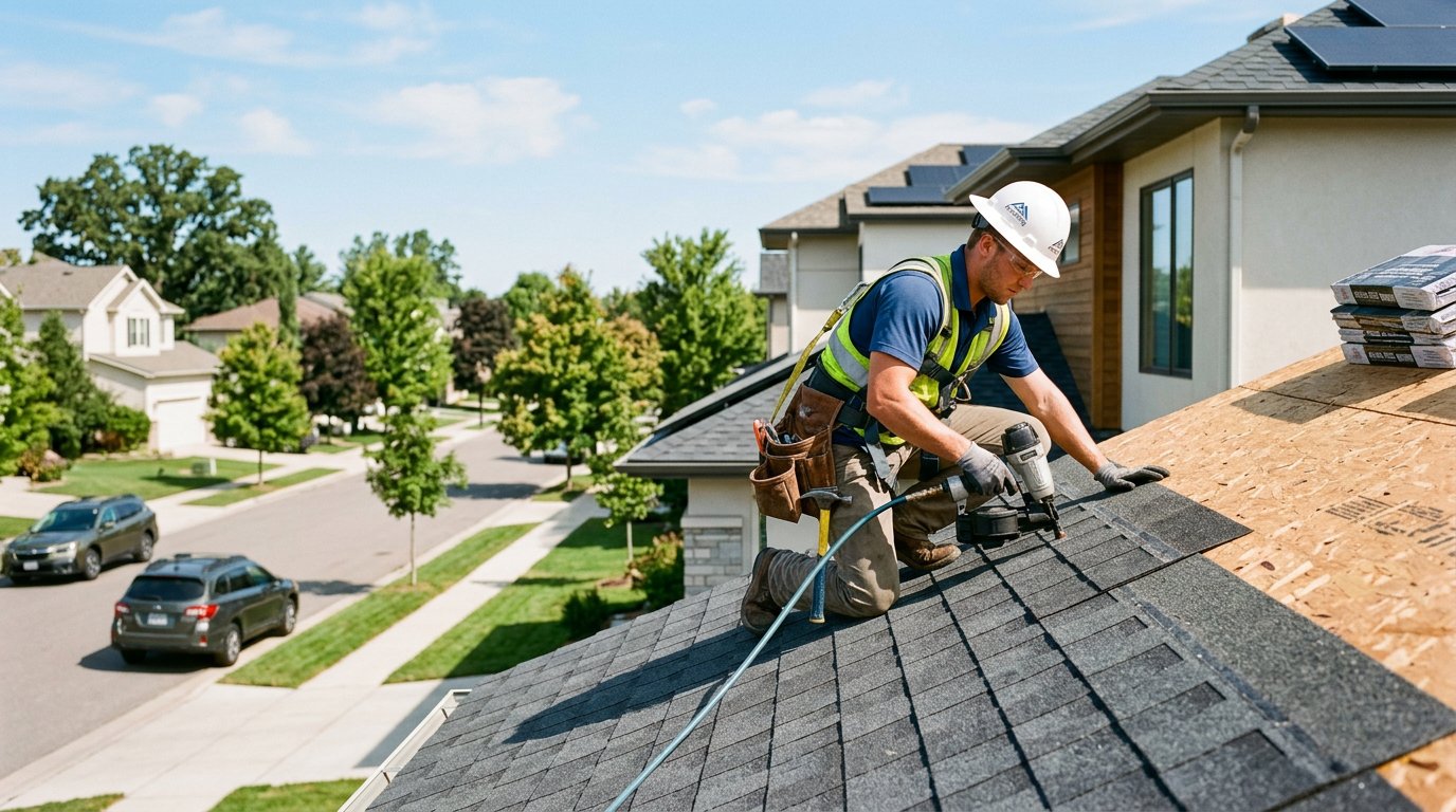 A local roofer installing new shingles on a suburban home